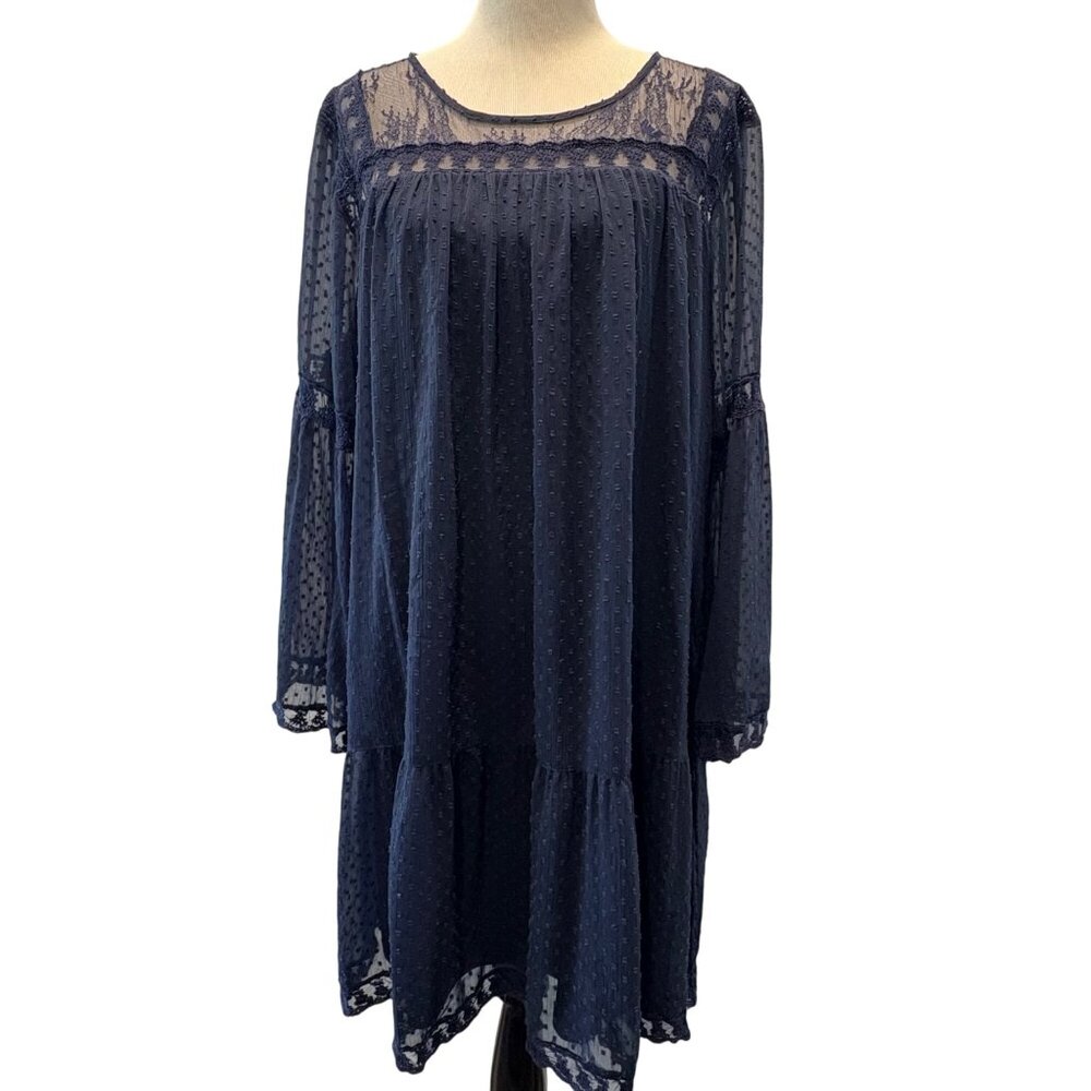 Navy Blue Sheer Lace Dress Sz 20 Bell Sleeves Tiered Lined JunaRose ‎ Romantic